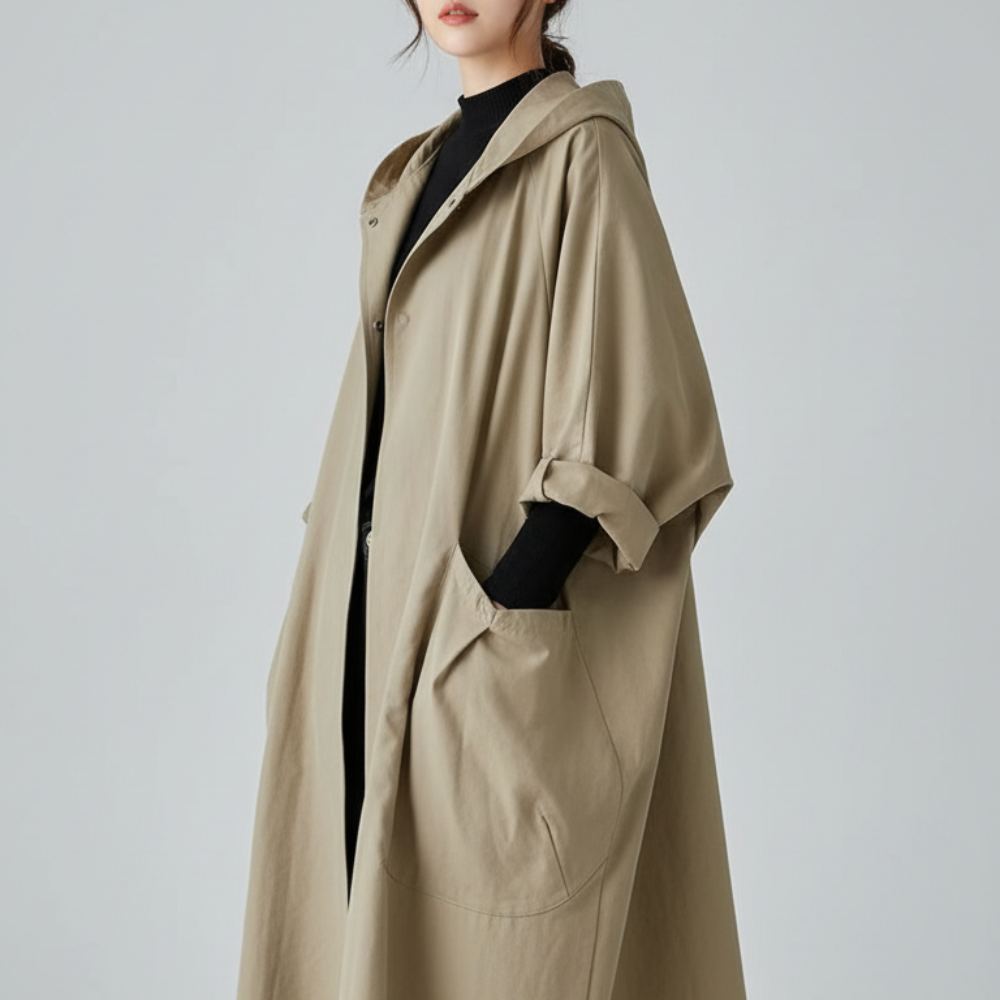 Women's Long Lightweight Trench Over Coat - Oversized Hooded