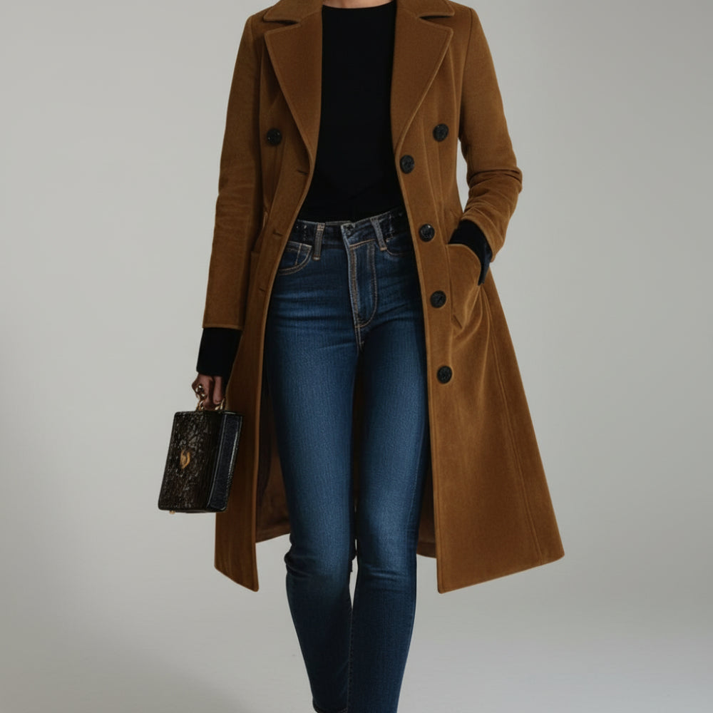 Women's Long Trench Over Coat - Double Breasted Overcoat