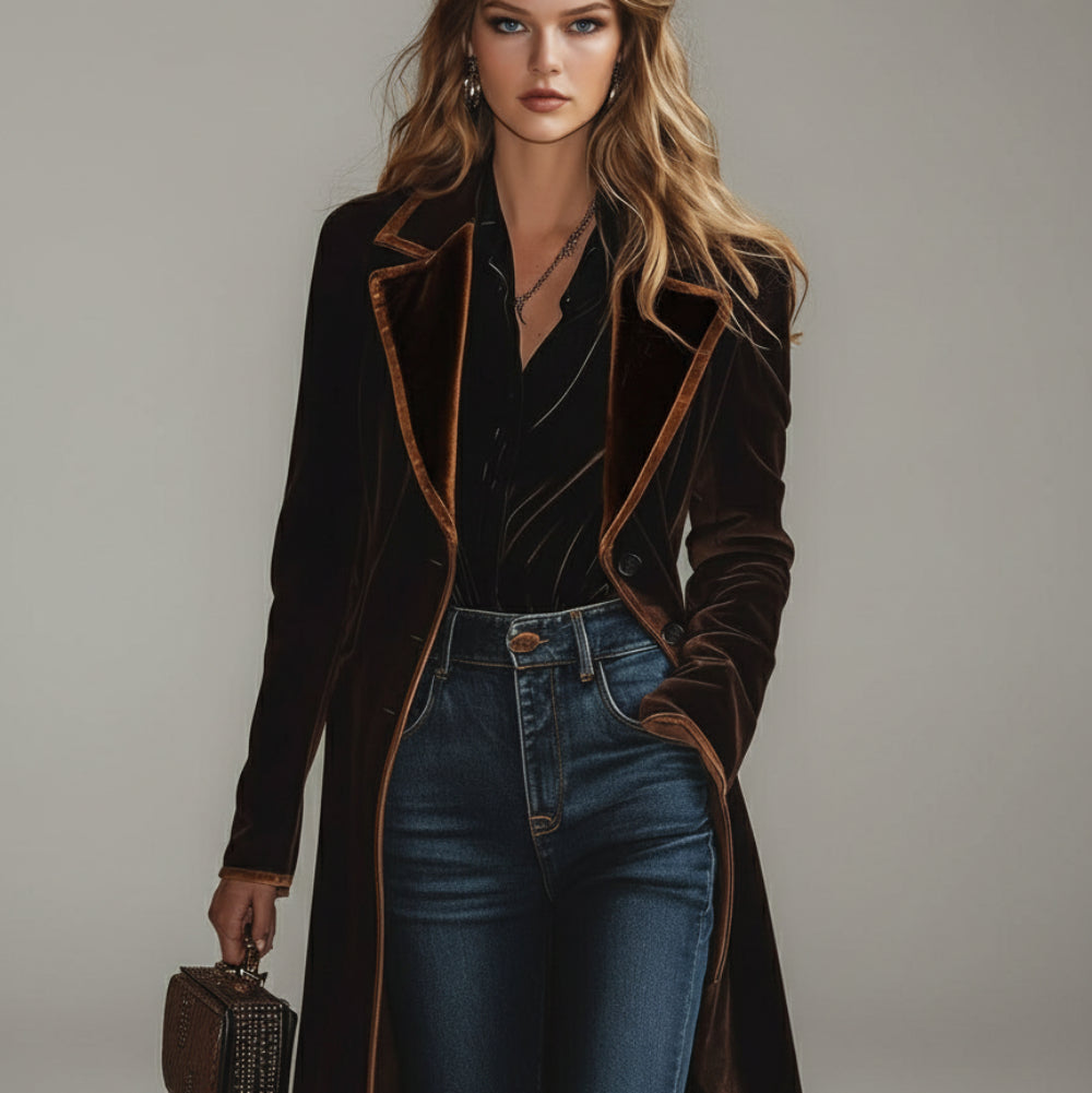 Women's Long Velvet Blazer Jacket - Tailored Coat