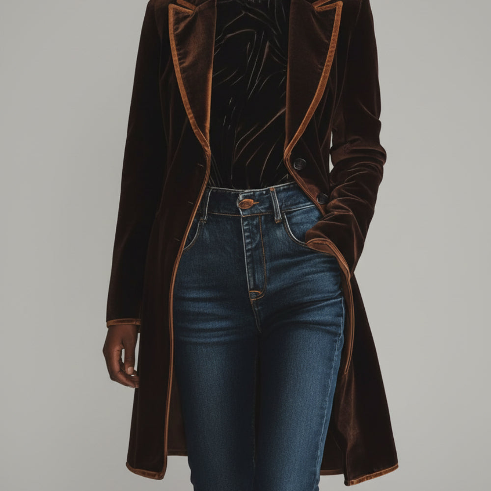 Women's Long Velvet Blazer Jacket - Tailored Coat