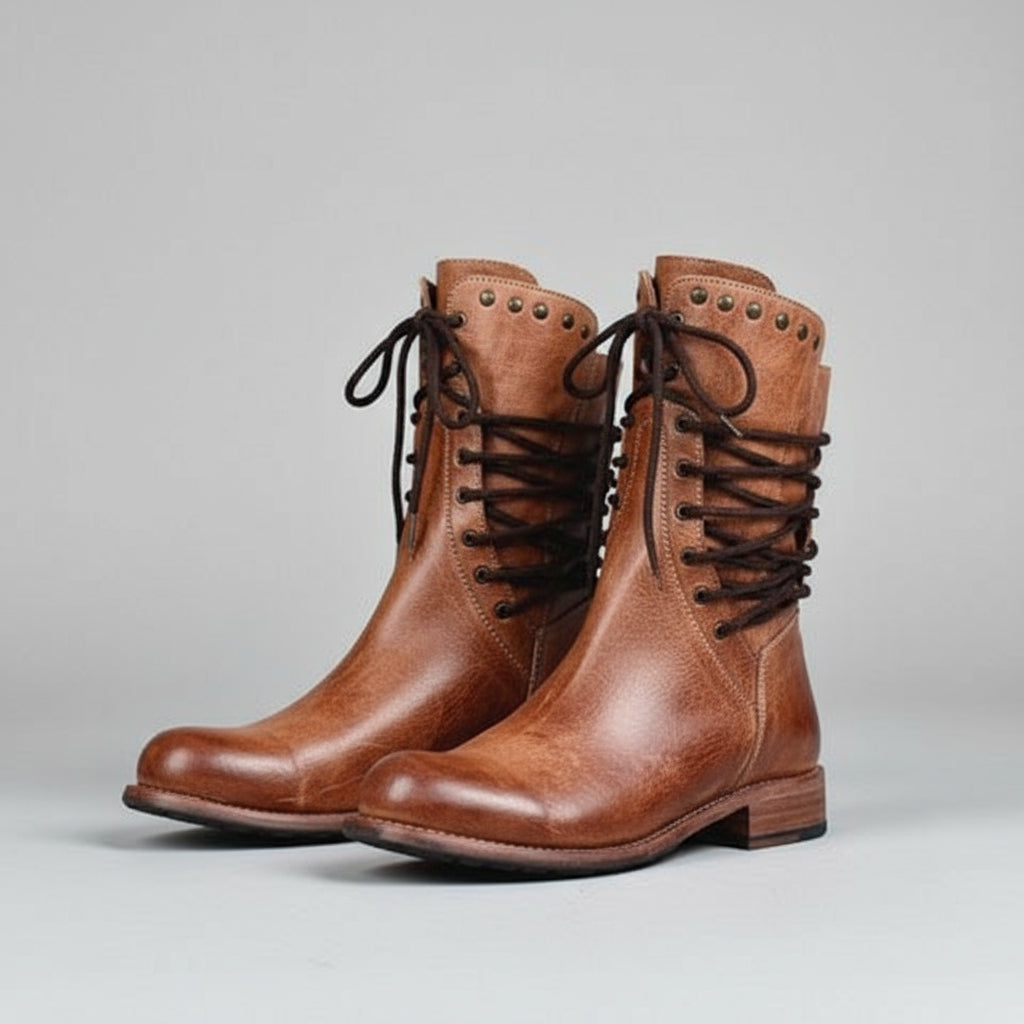 Women's Vintage Calf Boots Stylish Brown Comfortable Footwear 0