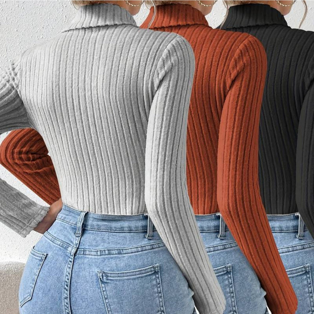 Women Ribbed Fleece Bodysuit Long Sleeve Turtleneck Top