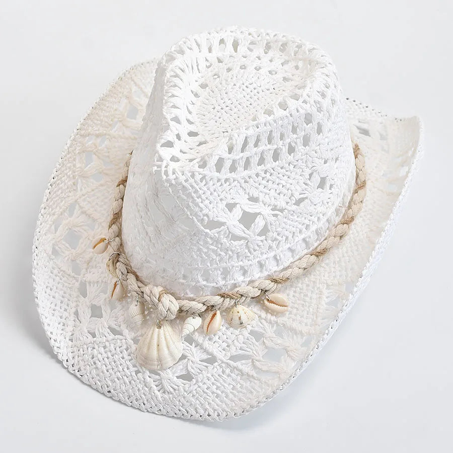 Women’s Boho Cowgirl Crochet Cowboy Hat | Wide Brim Shell Decor