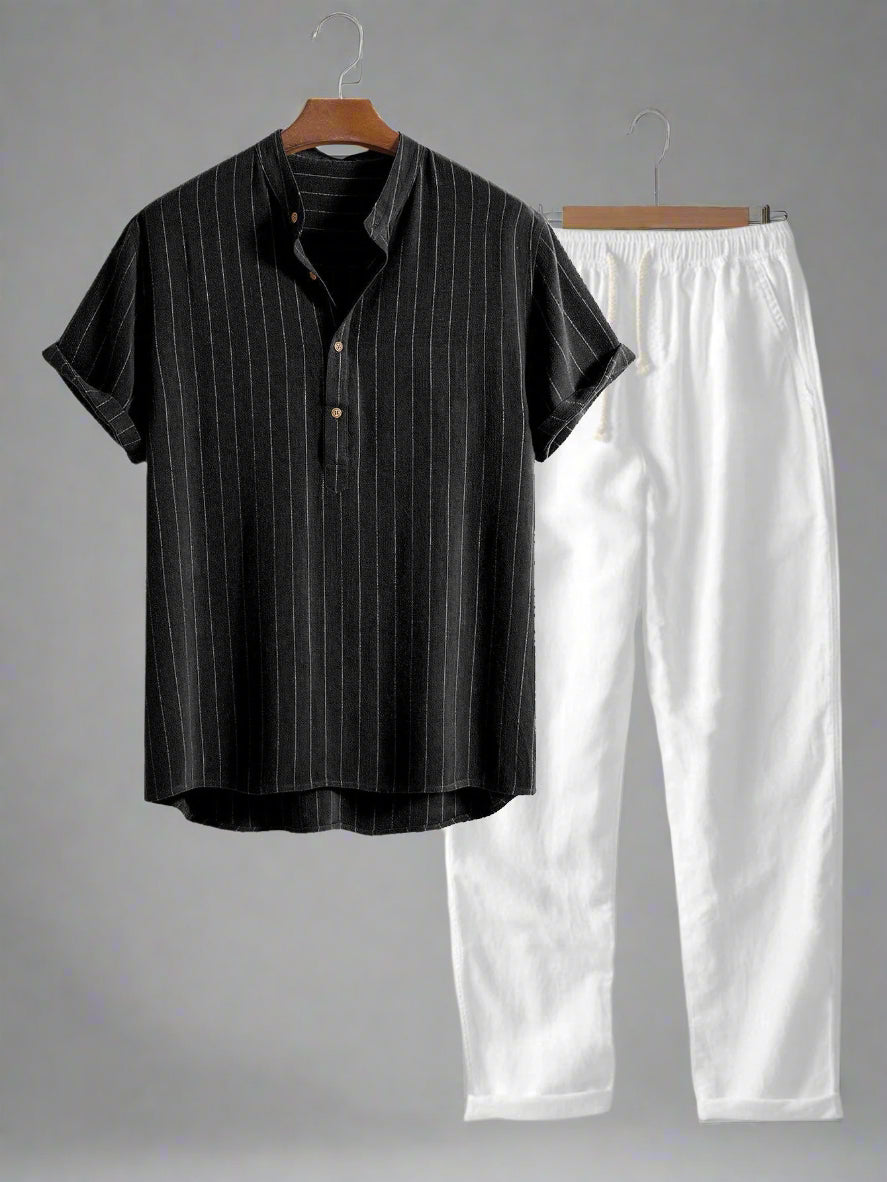 Men's Lightweight Short Sleeve Henley Shirt Set | Relaxed Fit Pants