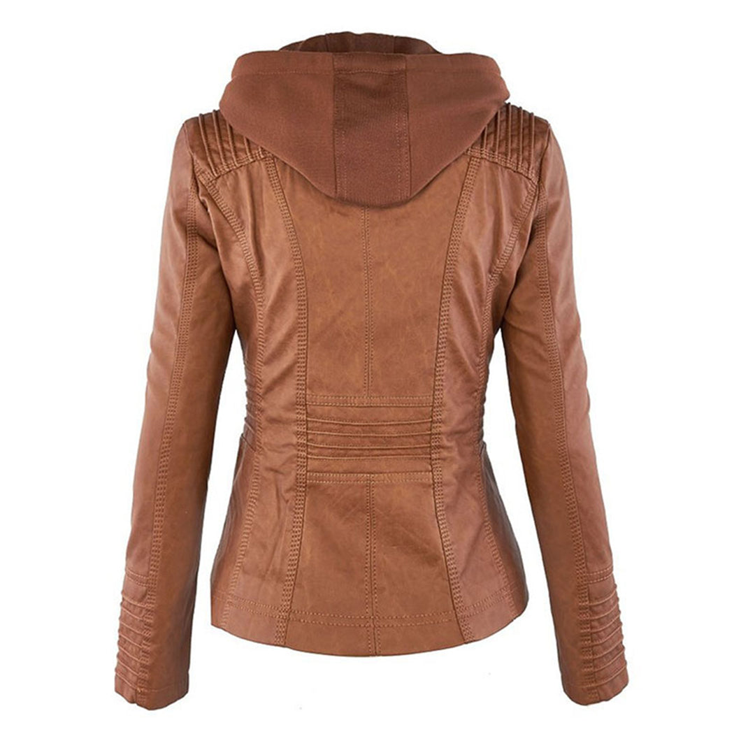Bruine leren damesjas met capuchon, stijlvolle stiksels en getailleerd ontwerp. Perfect voor lente en zomer. Modieuze leren jas voor dames.