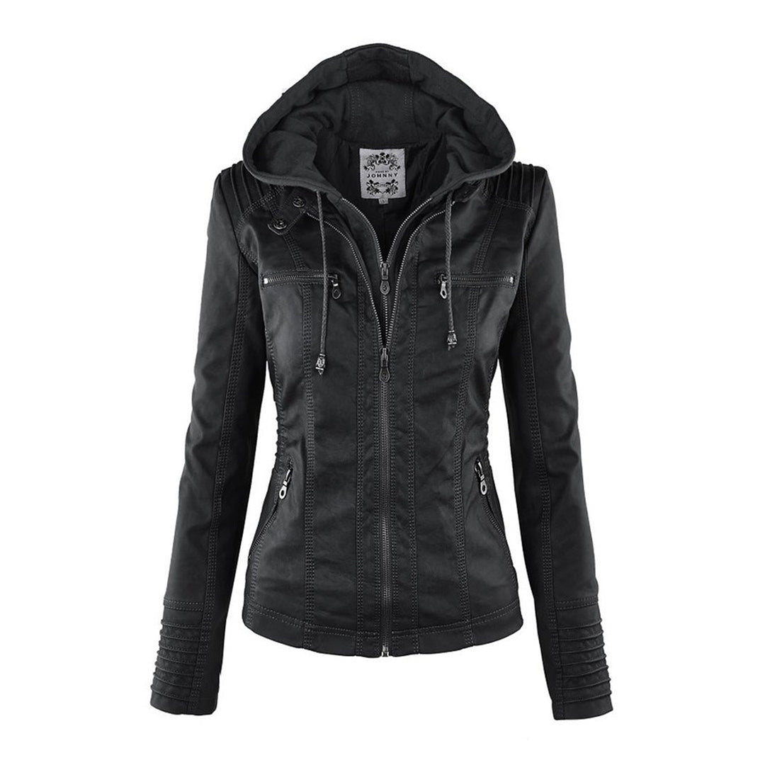 Zwarte leren dames zomerjas met capuchon, ritssluitingen en decoratieve stiksels. Modieuze en veelzijdige jas voor casual en trendy outfits.