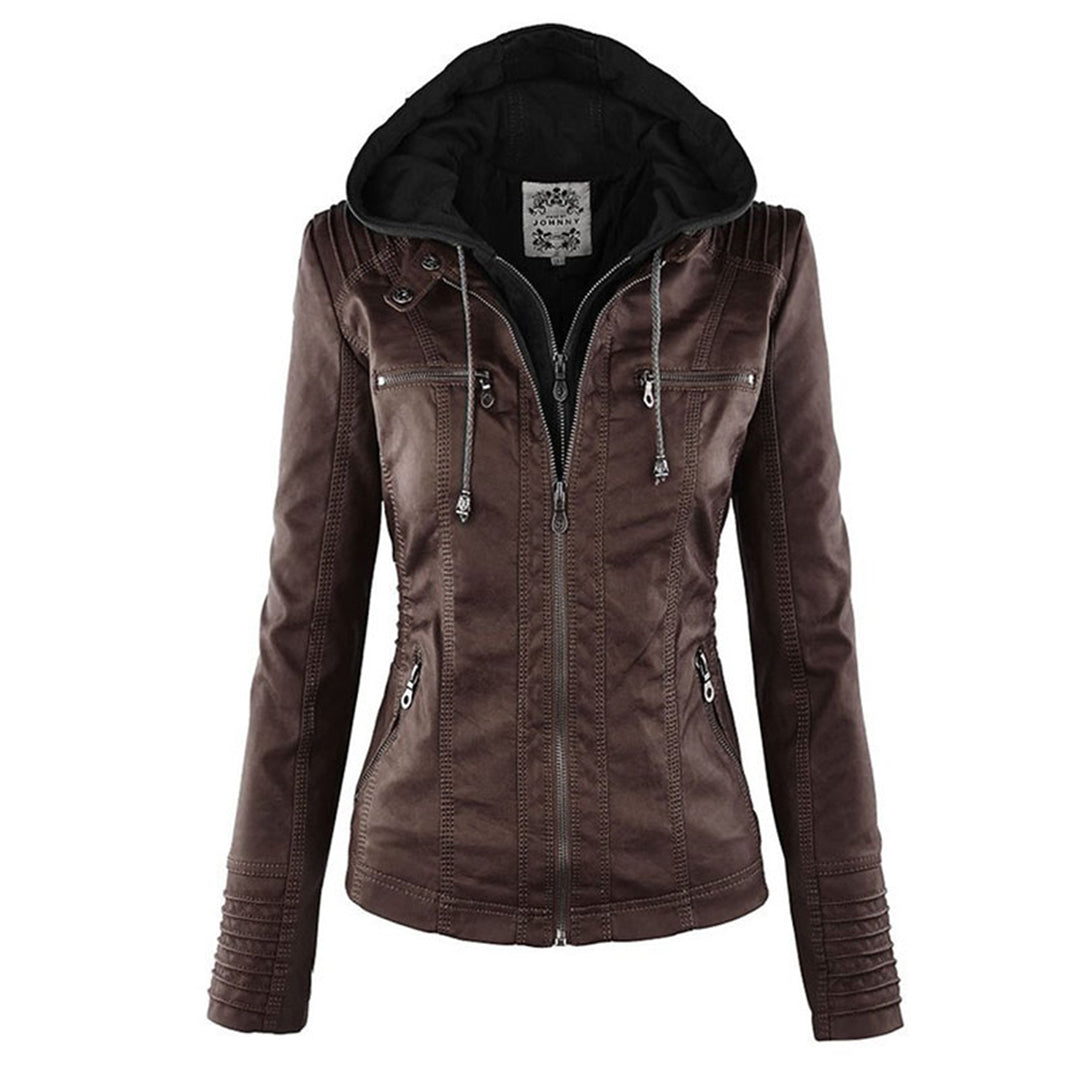 Bruine leren damesjas met capuchon, ritssluiting en zakken. Stijlvolle zomerjas voor dames, perfect voor casual en modieuze looks.