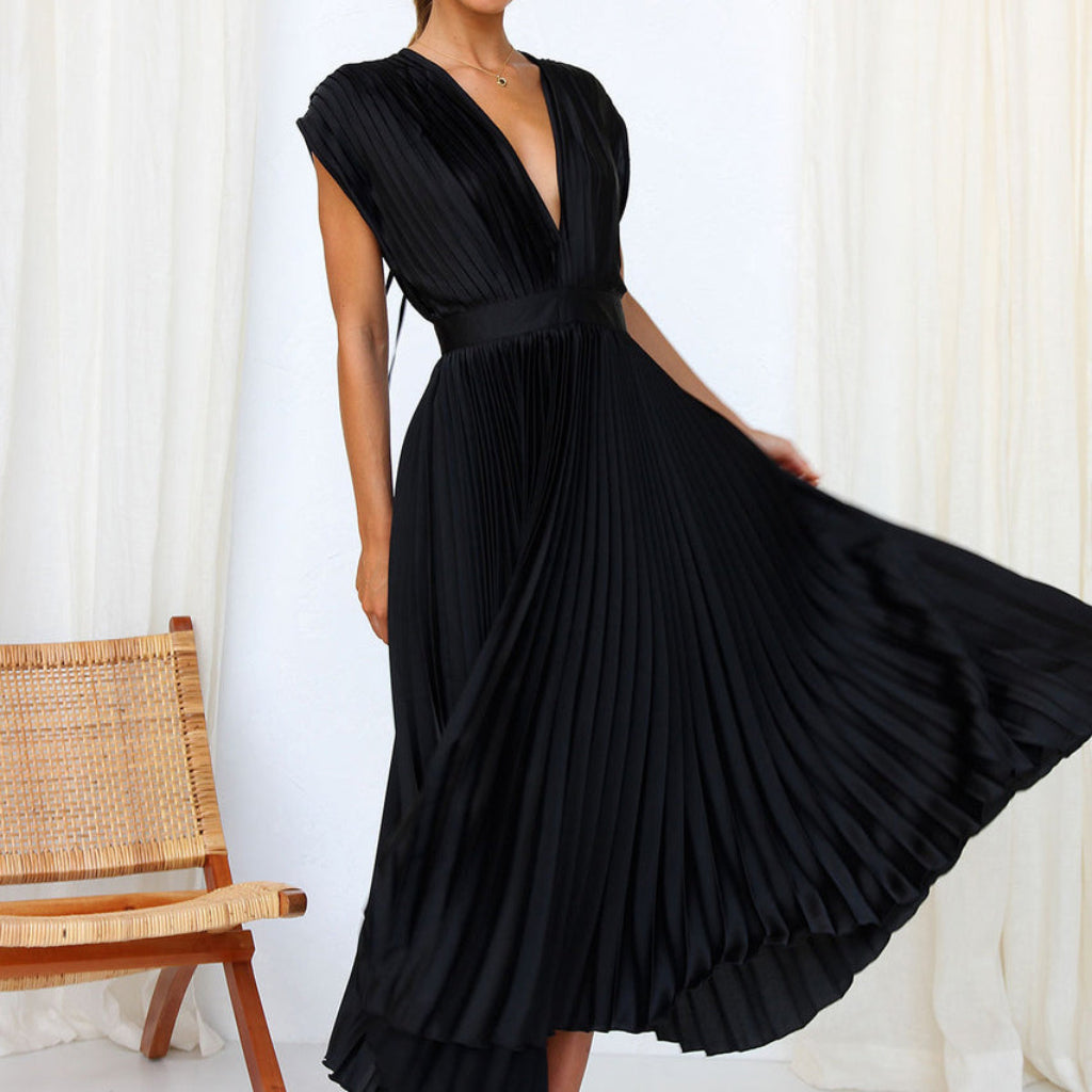 Women’s Elegant Pleated Satin Wrap Dress | Flowy Midi