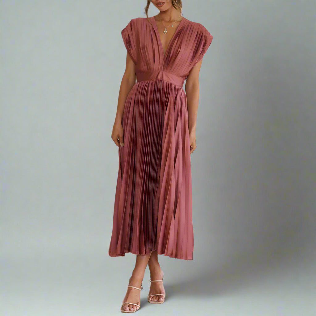 Women’s Elegant Pleated Satin Wrap Dress | Flowy Midi