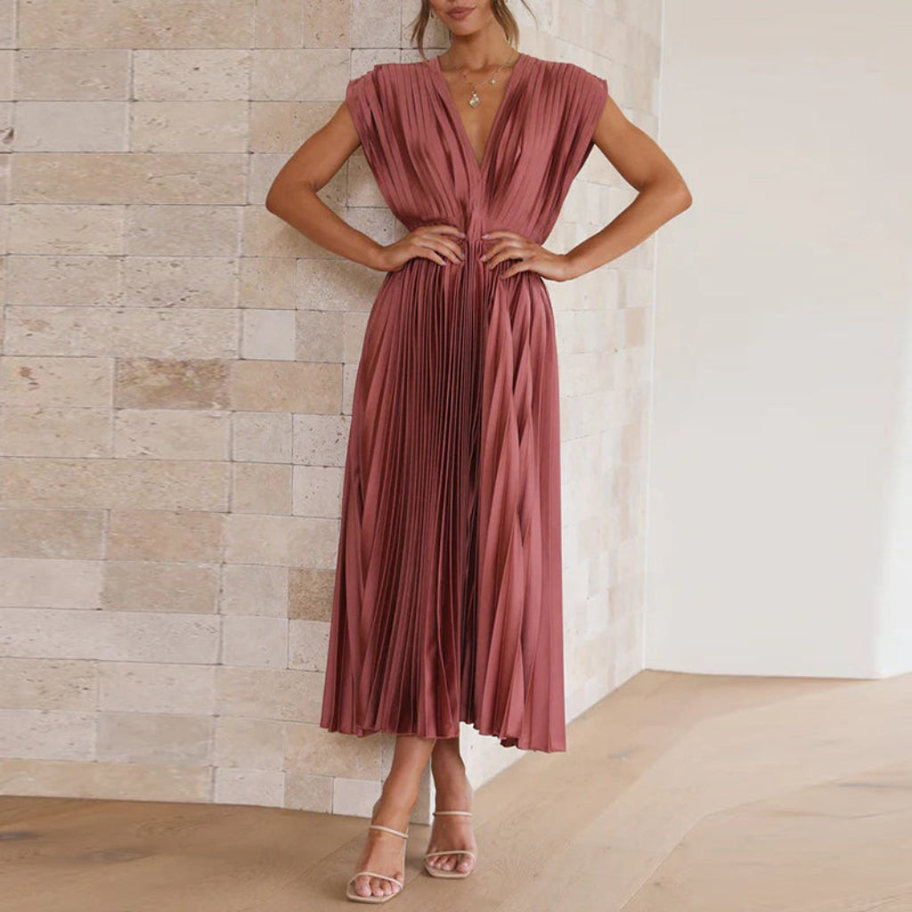 Women’s Elegant Pleated Satin Wrap Dress | Flowy Midi