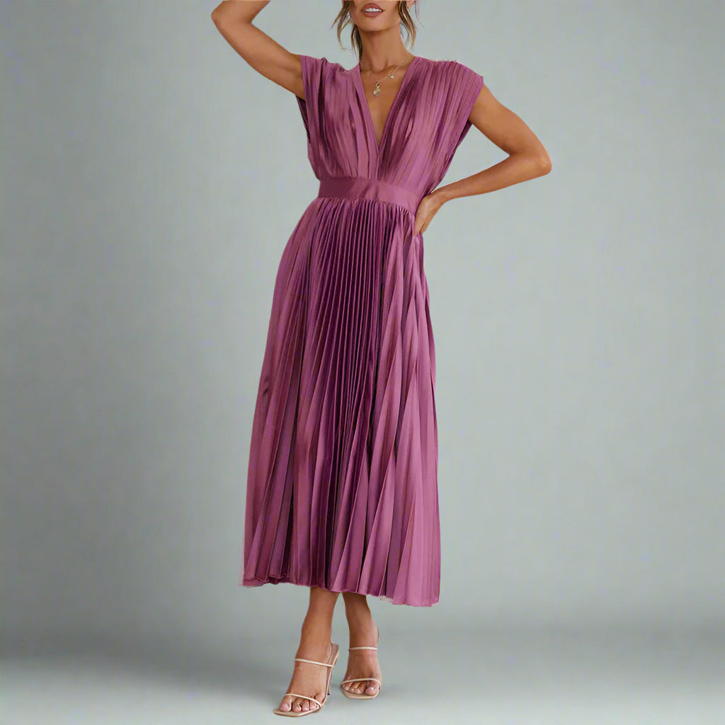 Women’s Elegant Pleated Satin Wrap Dress | Flowy Midi