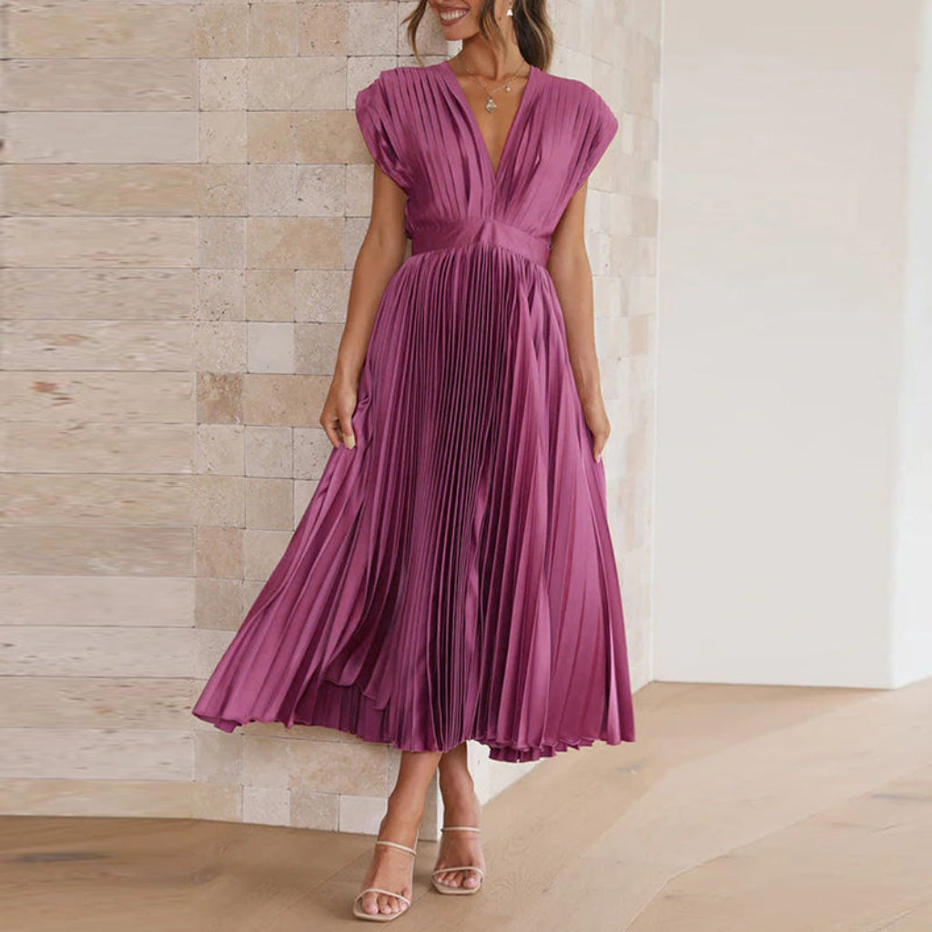 Women’s Elegant Pleated Satin Wrap Dress | Flowy Midi
