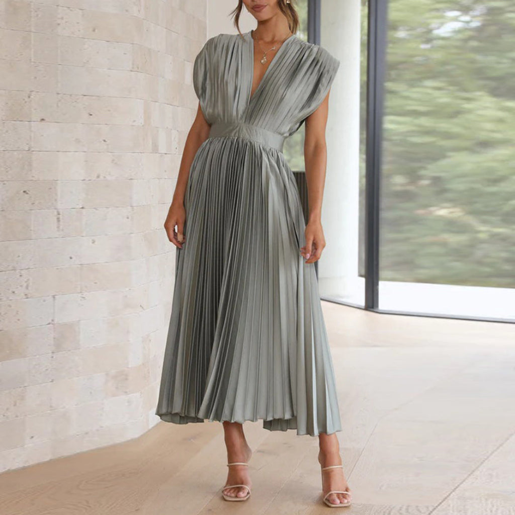 Women’s Elegant Pleated Satin Wrap Dress | Flowy Midi