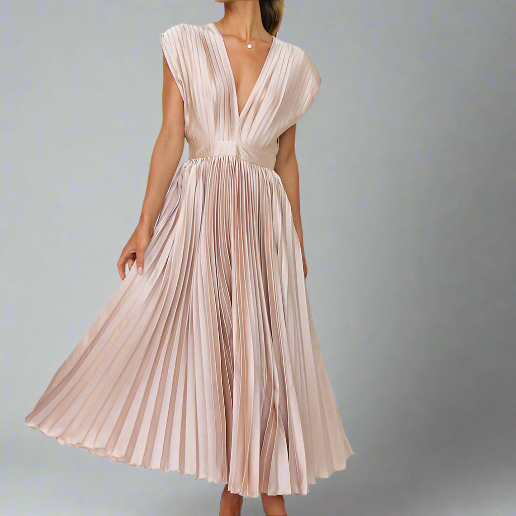 Women’s Elegant Pleated Satin Wrap Dress | Flowy Midi