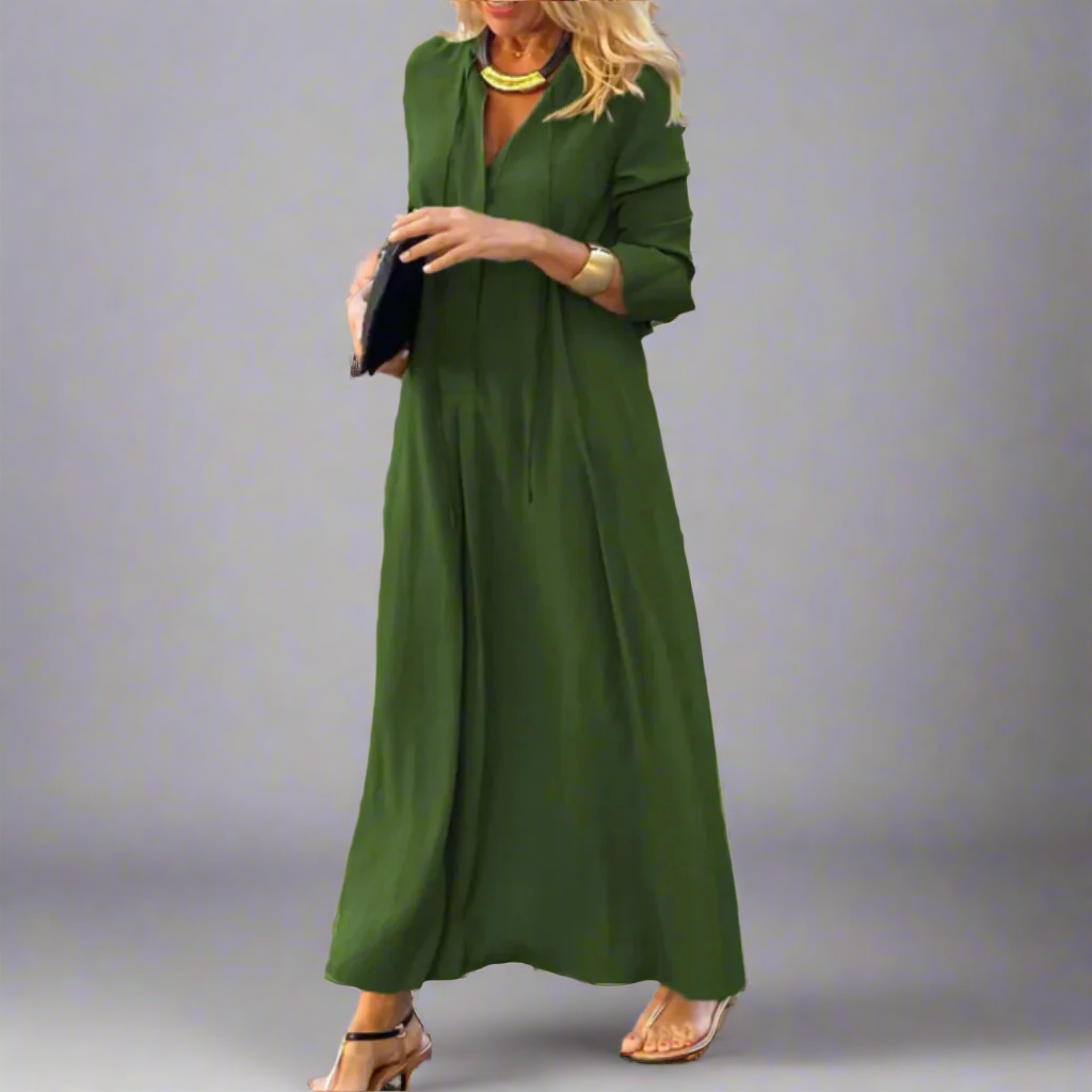 Women's Casual Long Sleeve Maxi Dress | Loose Fit V Neck Maxi