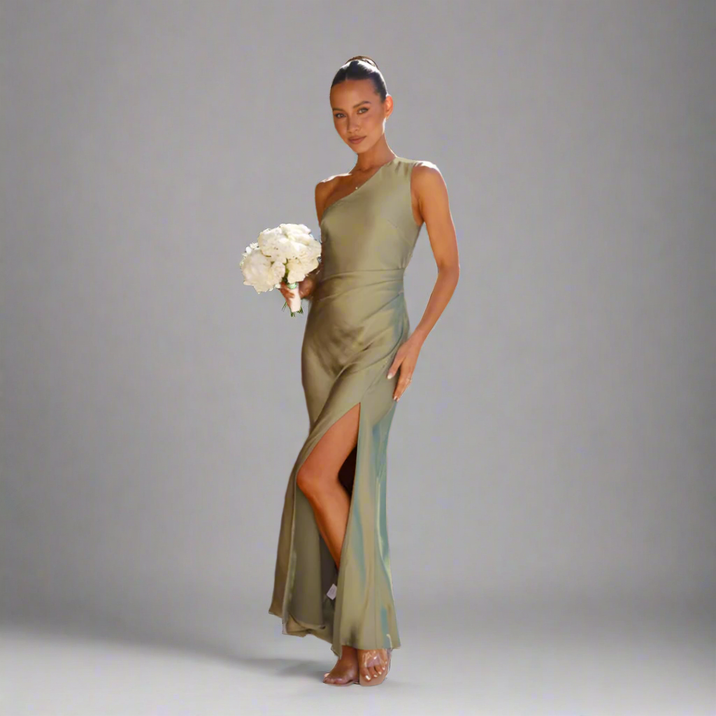 Women’s Satin One Shoulder Formal Dress | Slit Maxi