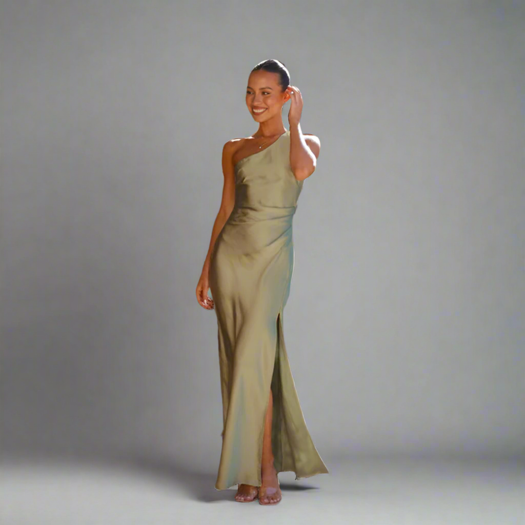 Women’s Satin One Shoulder Formal Dress | Slit Maxi