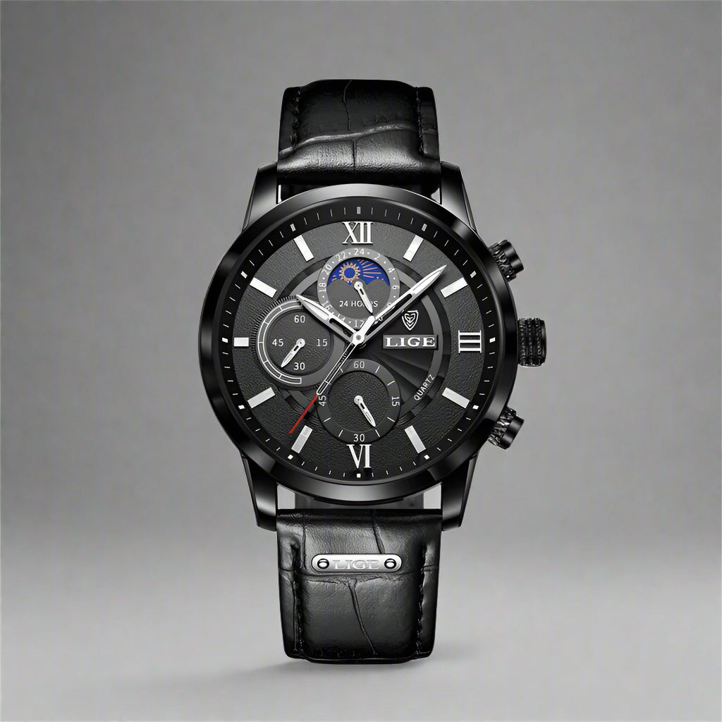Men's Luxury Leather Chronograph Watch | Quartz Moonphase