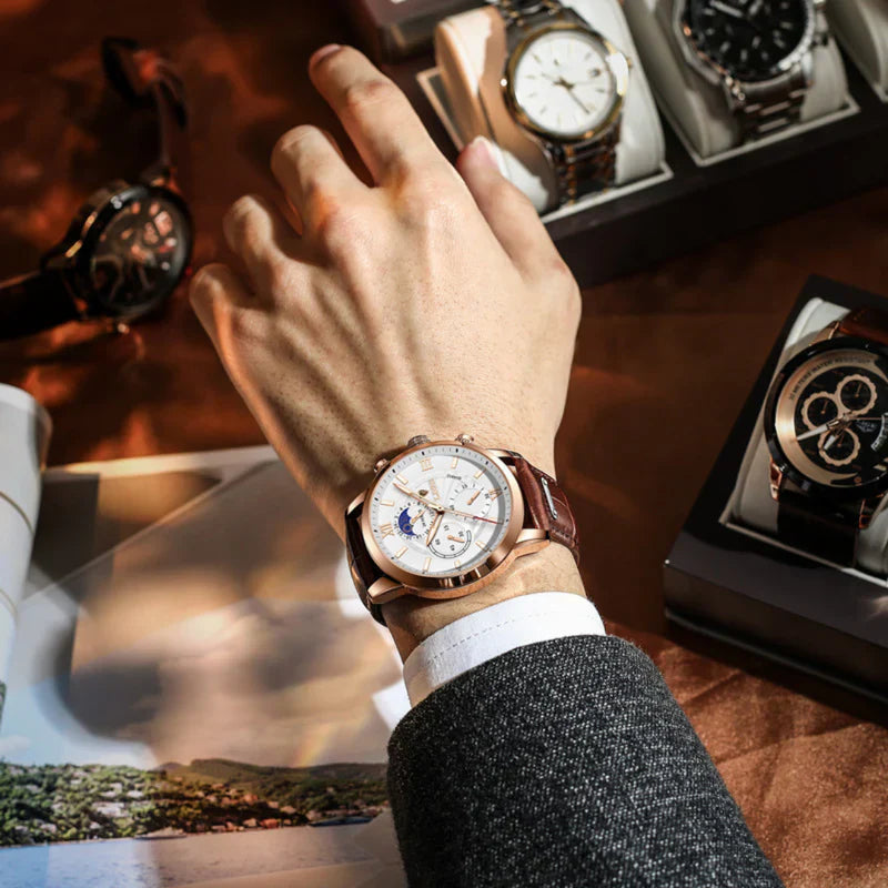 Men's Luxury Leather Chronograph Watch | Quartz Moonphase