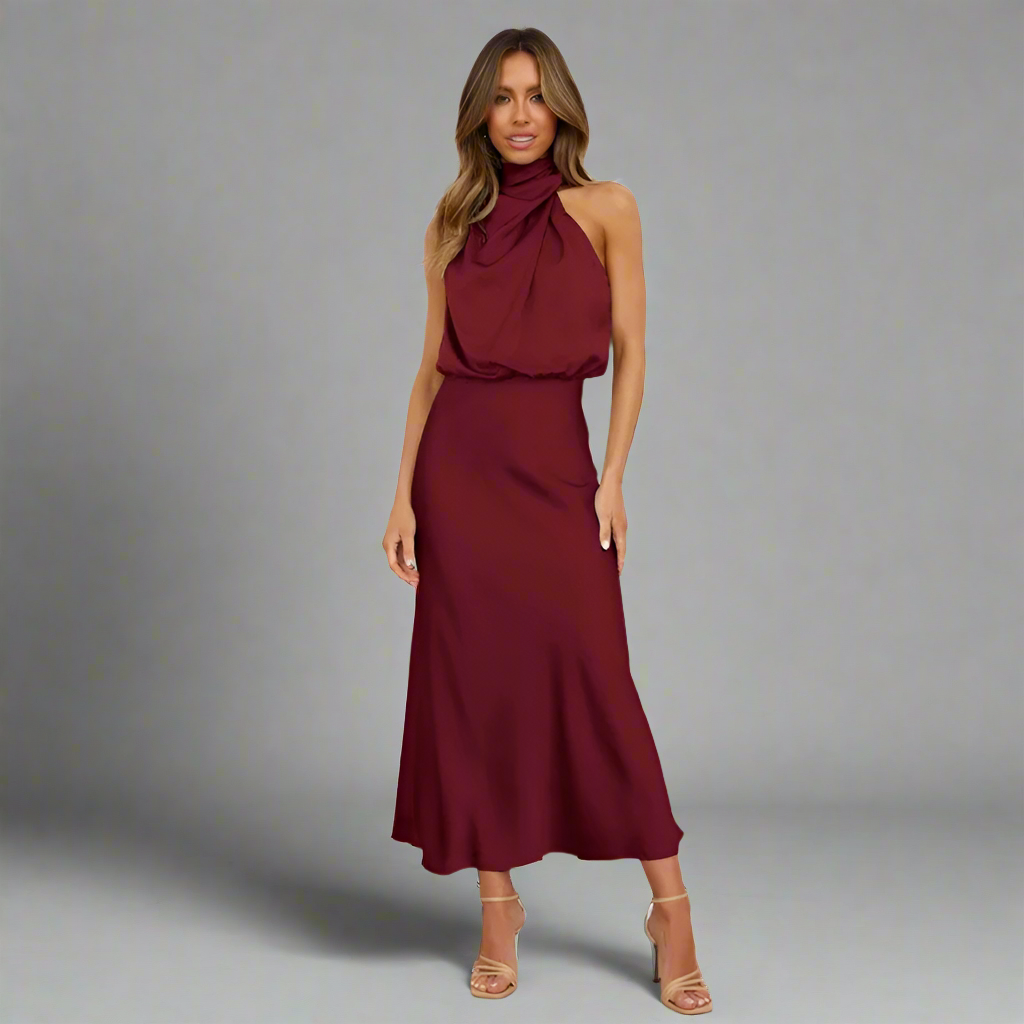 Women’s Satin Halter Neck Formal Dress | High Neck Midi
