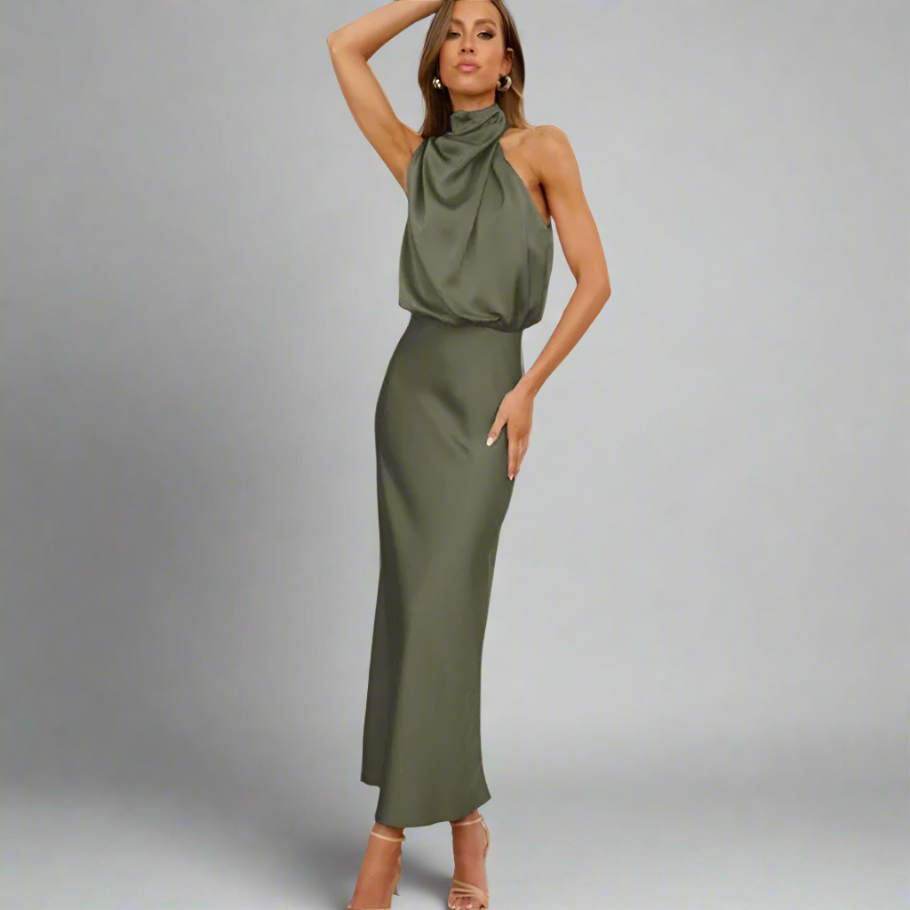 Women’s Satin Halter Neck Formal Dress | High Neck Midi