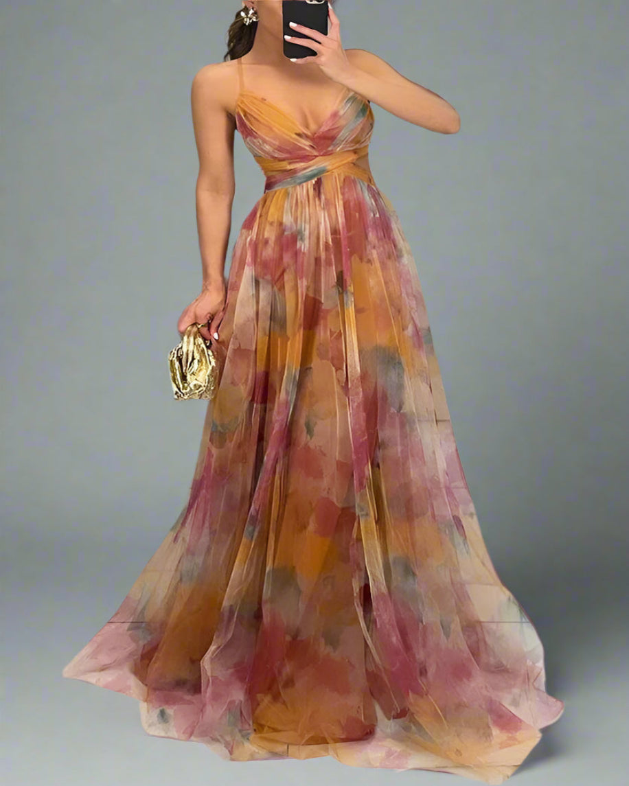 Women’s Floral Spaghetti Strap Evening Dress | Pleated Maxi