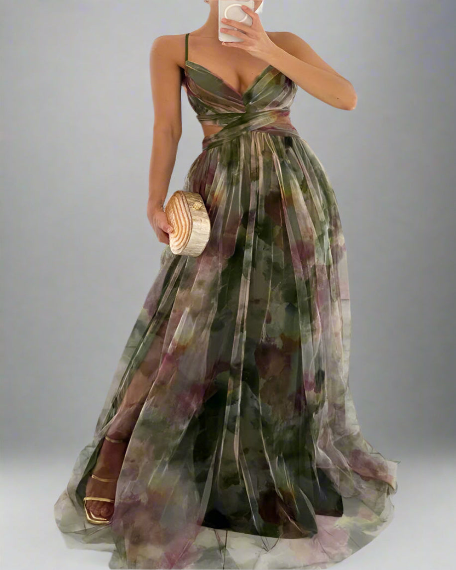 Women’s Floral Spaghetti Strap Evening Dress | Pleated Maxi