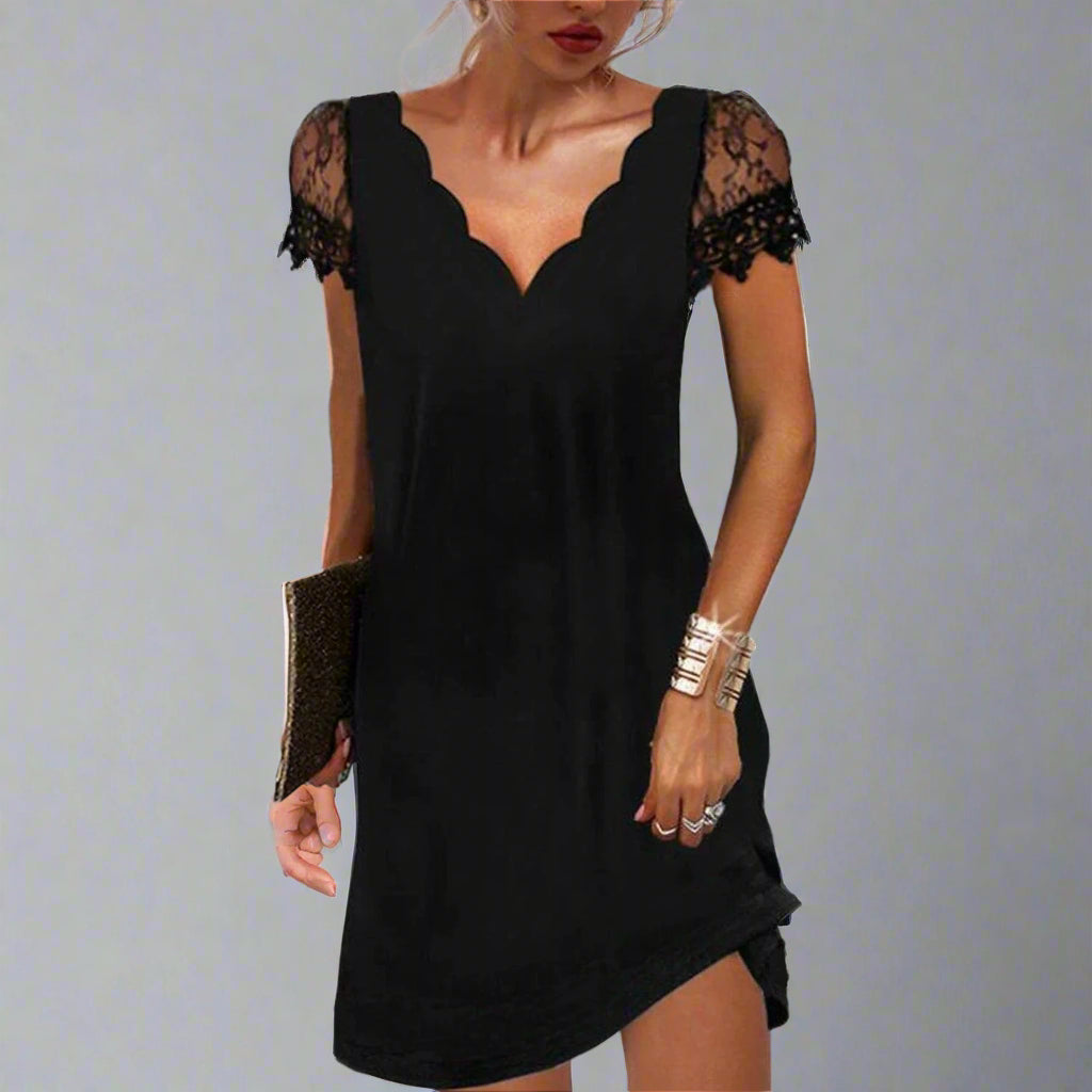 Women's Elegant Lace Sleeve Cocktail Dress | Scalloped Mini