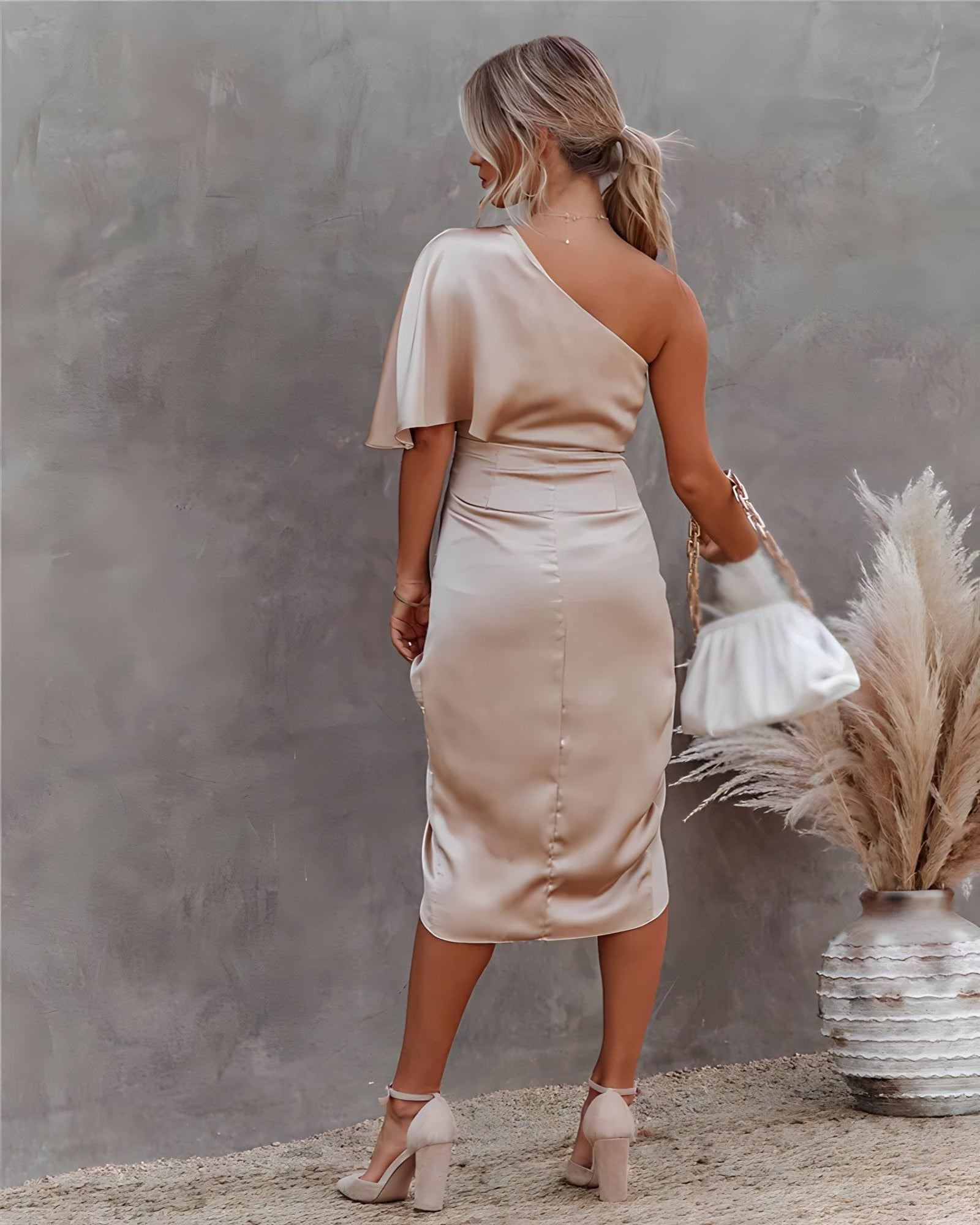 Women's Elegant Satin One Shoulder Dress | Draped Slit Midi