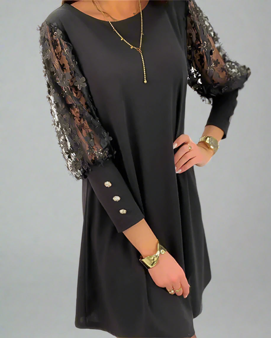 Women's Elegant Lace Sleeve Party Dress | Loose Fit Mini