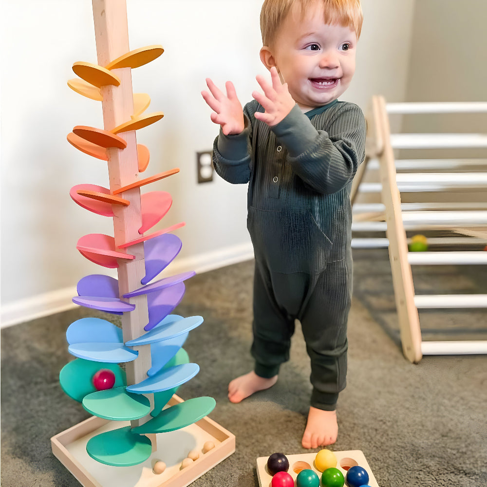 Wooden Marble Run Toy Montessori Rainbow Ball Drop Tower