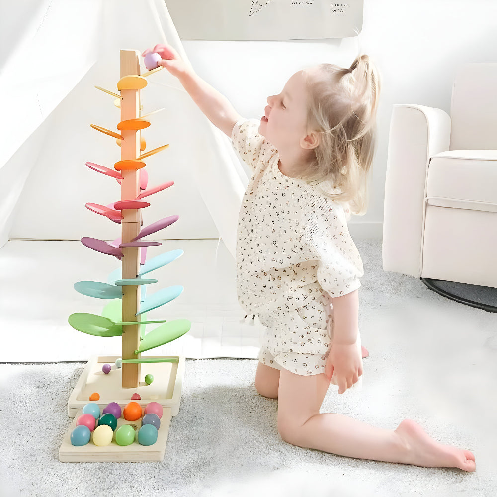 Wooden Marble Run Toy Montessori Rainbow Ball Drop Tower