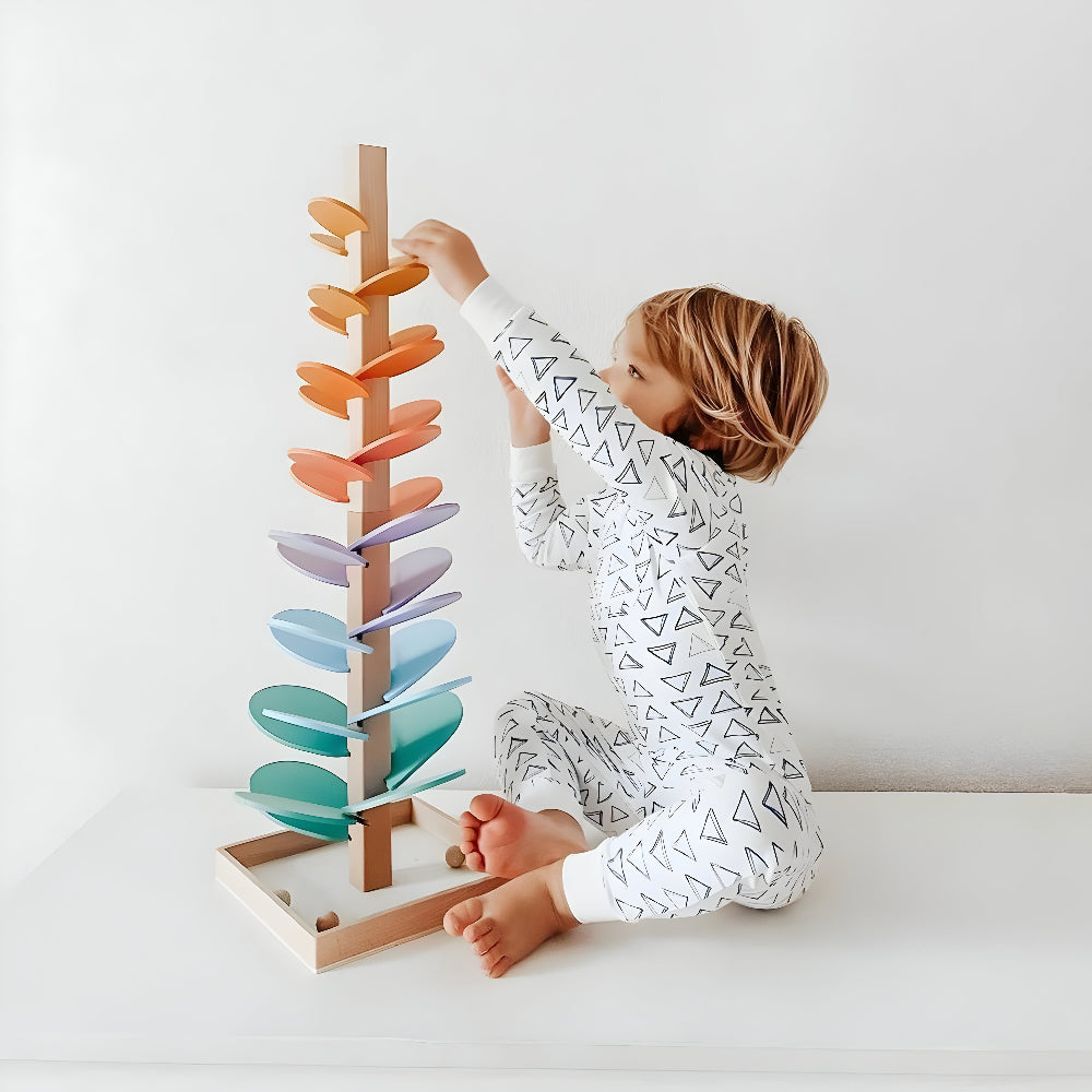 Wooden Marble Run Toy Montessori Rainbow Ball Drop Tower