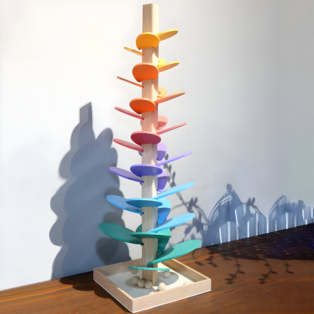 Wooden Marble Run Toy Montessori Rainbow Ball Drop Tower