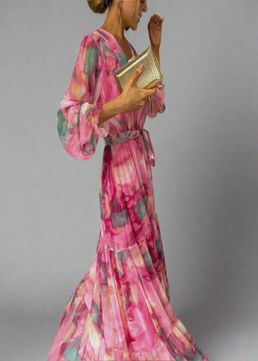 Women’s Floral Long Sleeve Chiffon Dress | Pleated Maxi