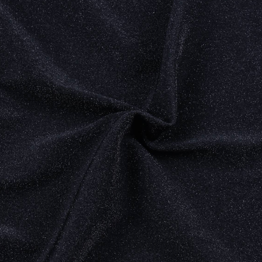 Donkerblauwe glinsterende stof, close-up textuur, geschikt voor avondkleding en modeontwerp. Luxe textiel met subtiele glitterdetails.