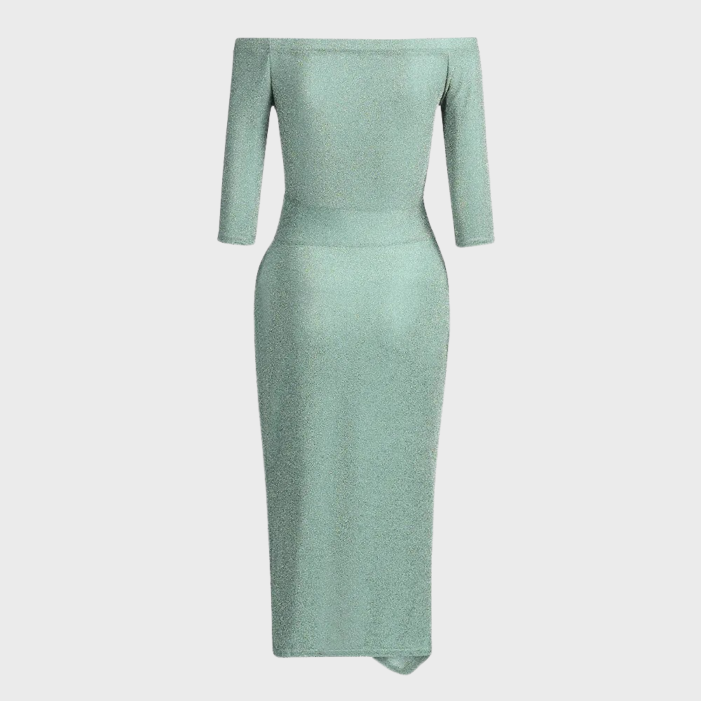 Mintgroene glitterjurk voor dames met driekwart mouwen en off-shoulder ontwerp. Perfect voor feestelijke gelegenheden en avondkleding.
