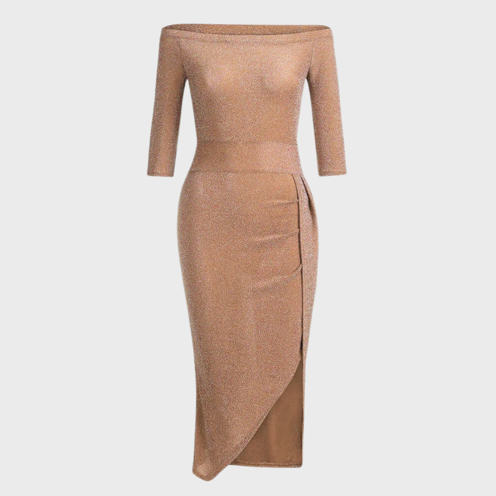 Glitterjurk voor dames, off-shoulder, driekwart mouwen, asymmetrische zoom, elegante avondjurk, champagnekleurig, feestkleding.