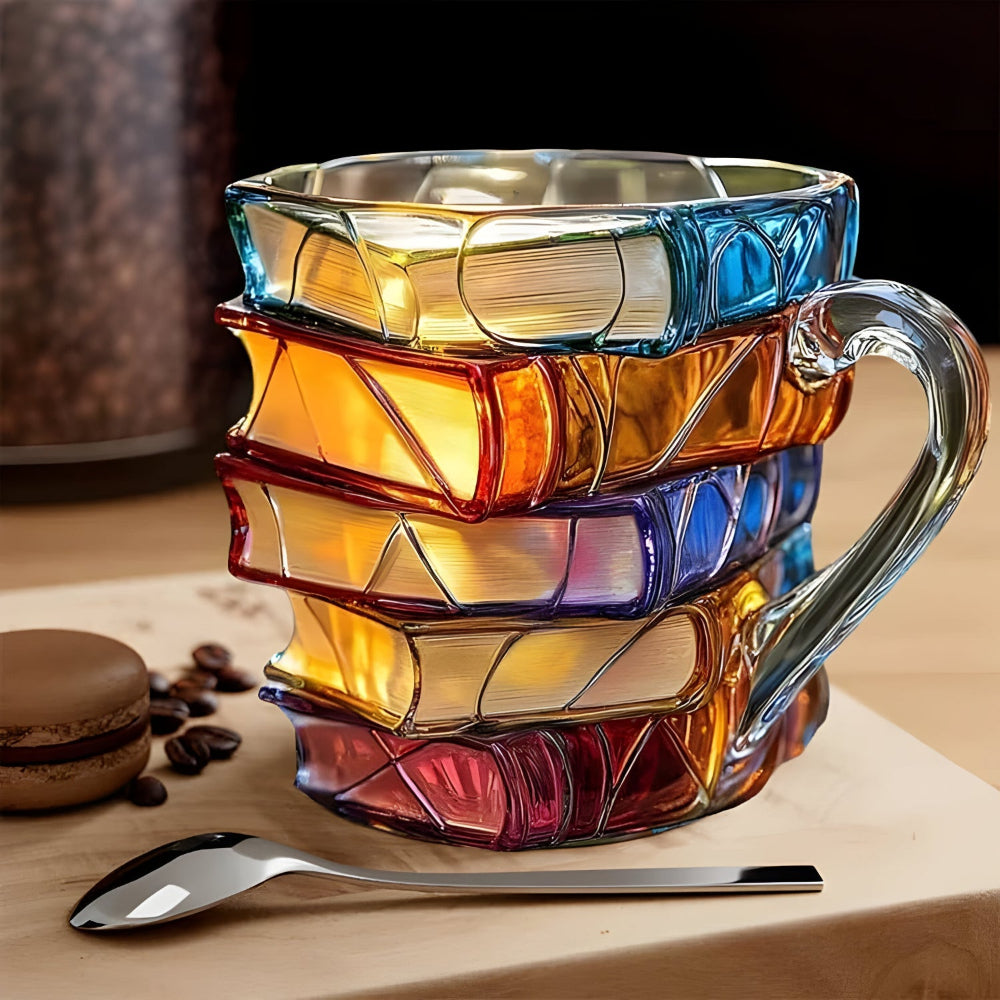 Glass Coffee Mug Colorful 3D Book Stack Design
