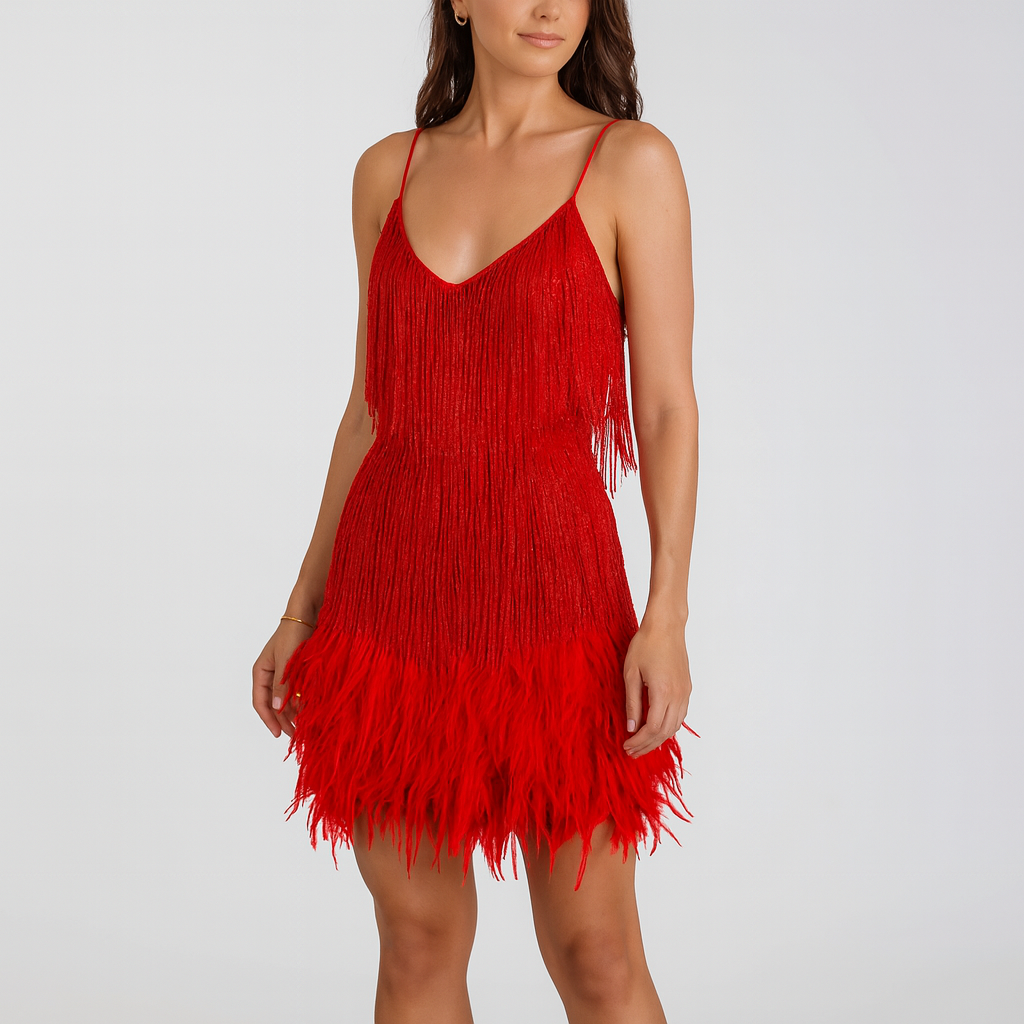 Robe de cocktail à plumes et sequins pour femme | Robe de soirée courte