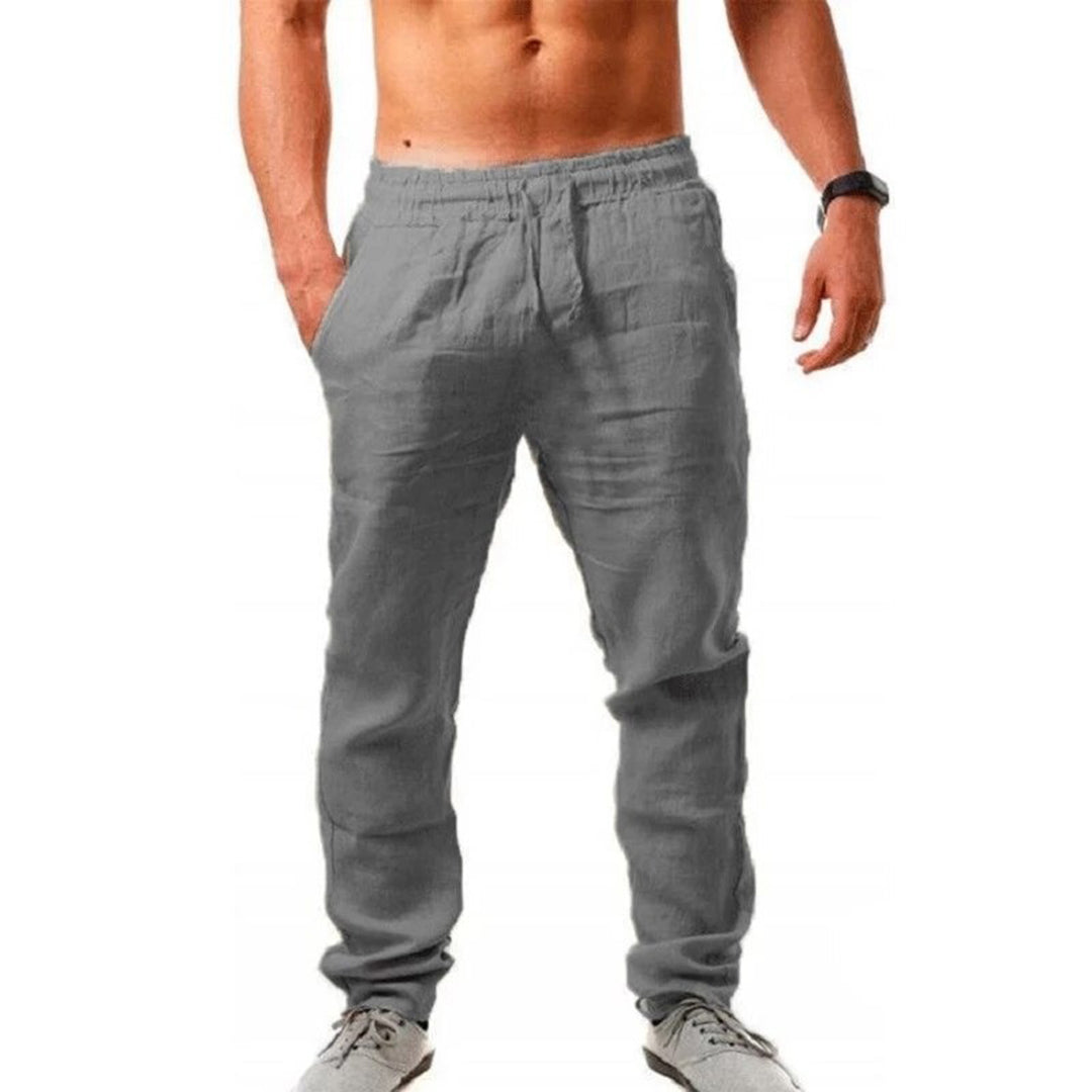 Grijze herenlinnenbroek, zomermode, comfortabele pasvorm, casual stijl, elastische tailleband, geschikt voor dagelijks gebruik.