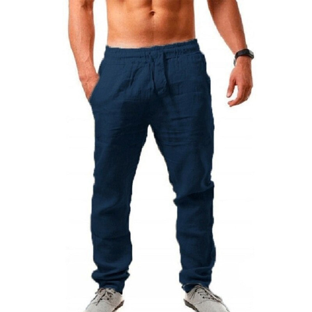 Donkerblauwe herenlinnenbroek, zomermode, comfortabele pasvorm, casual stijl, elastische tailleband, geschikt voor dagelijks gebruik.
