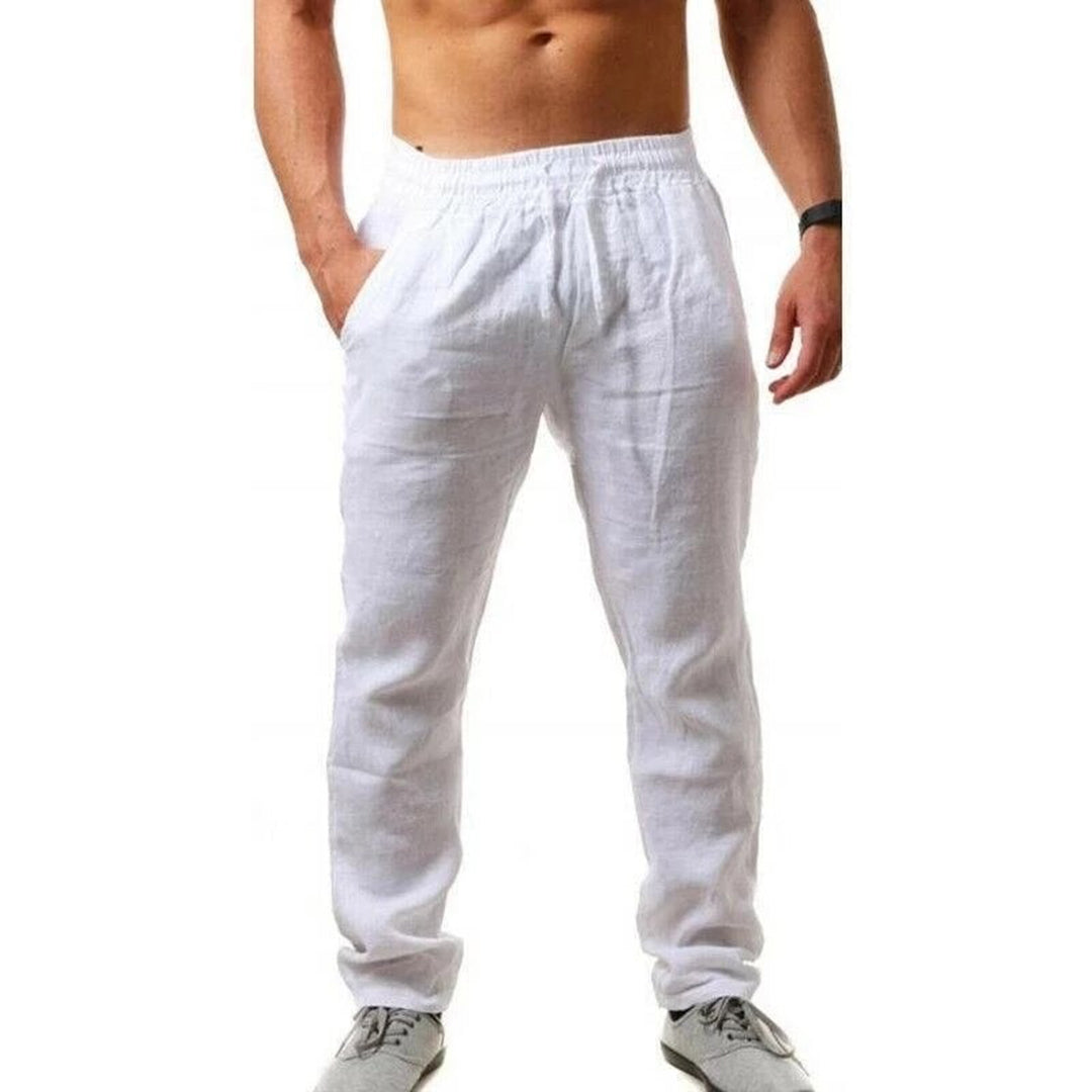 Witte herenlinnenbroek, zomermode, comfortabele pasvorm, elastische tailleband, casual stijl, ideaal voor warme dagen, lichte stof.