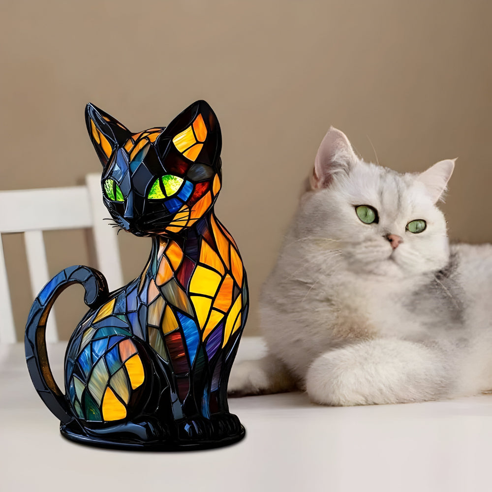 Stained Glass Cat Lamp Warm Ambient Decorative Table Light