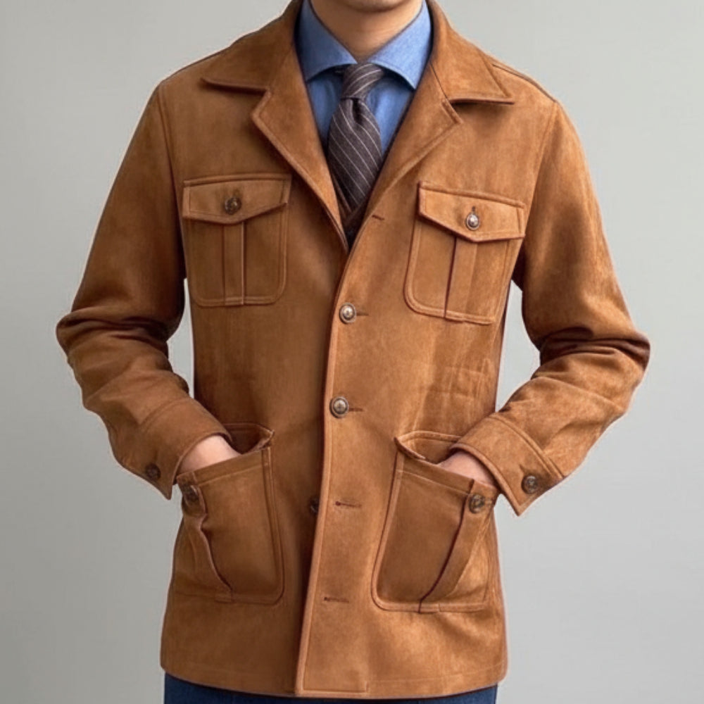 Men's Long Suede Jacket - Lightweight Overcoat