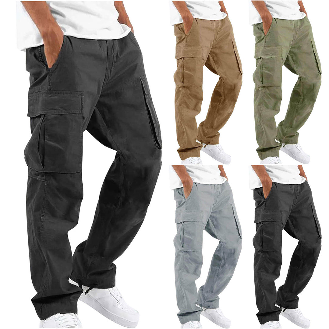 Vijf kleuren cargobroeken voor heren, met meerdere zakken, casual stijl. Verkrijgbaar in zwart, beige, groen, grijs en donkergrijs. Comfortabele pasvorm.