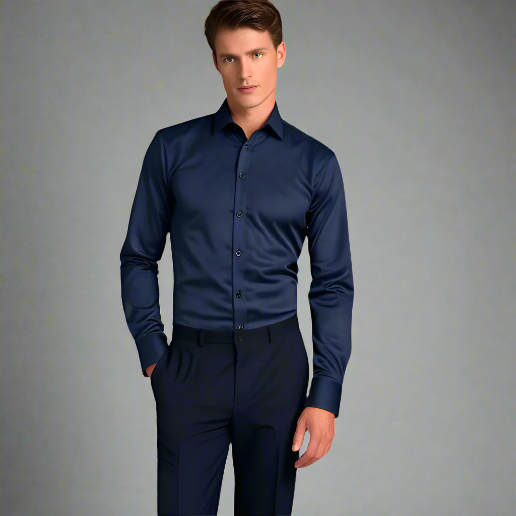 Man in donkerblauw overhemd en broek, formele kleding, stijlvolle zakelijke outfit, mode voor heren, elegante uitstraling, professionele look.