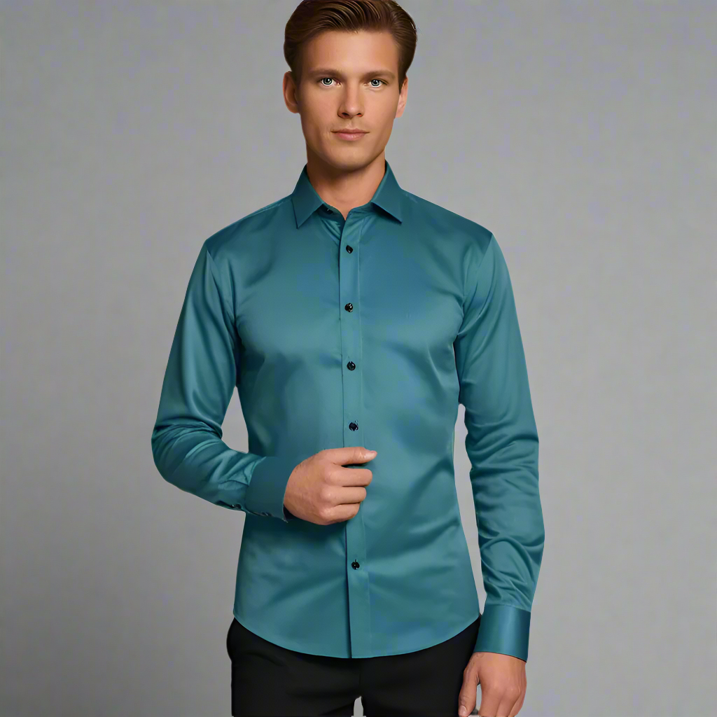 Man in turquoise overhemd, lange mouwen, zwarte knopen, formele kleding, mode, stijlvolle uitstraling, geschikt voor zakelijke gelegenheden.