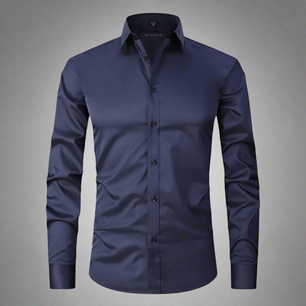 Donkerblauw heren stretch overhemd met lange mouwen, knoopsluiting en klassieke kraag. Perfect voor formele en casual gelegenheden.