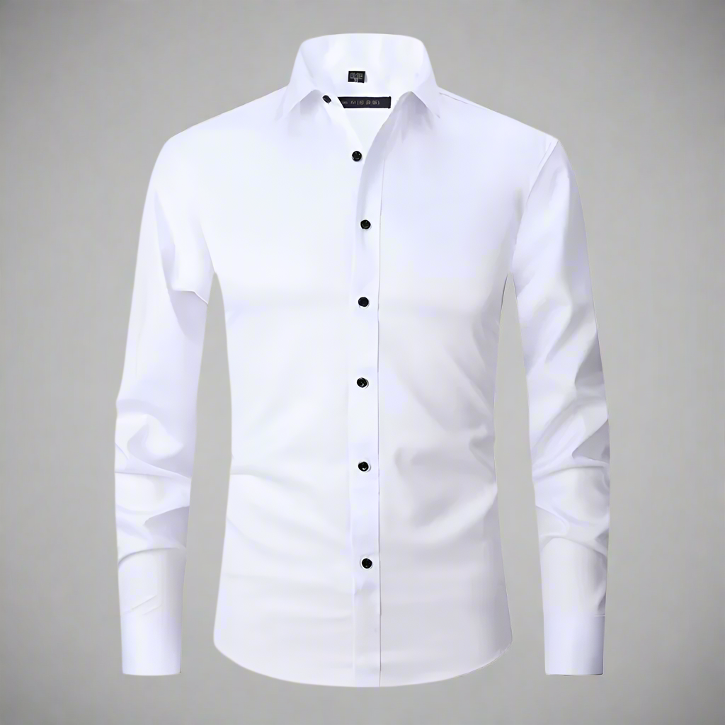 Wit herenoverhemd met lange mouwen, zwarte knopen en klassieke kraag. Perfect voor zakelijke en casual gelegenheden. Stretchstof voor comfort.